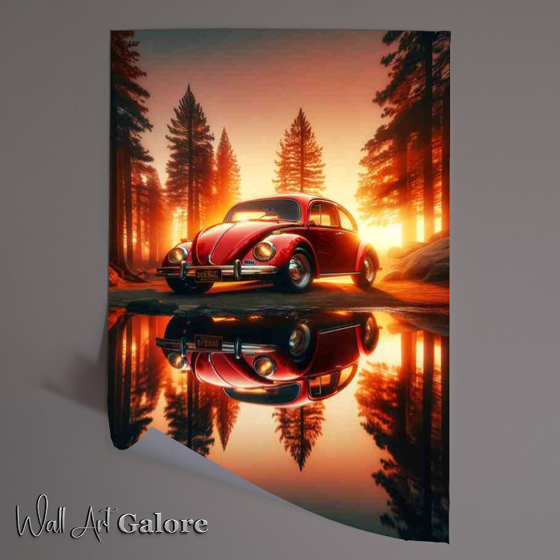 Buy Unframed Poster : (Red Beetle Car Sunset Reflection)