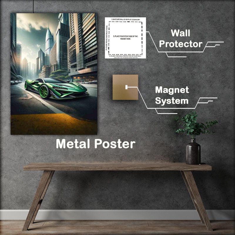Buy Metal Poster : (Sleek Green Supercar in Urban Landscape)