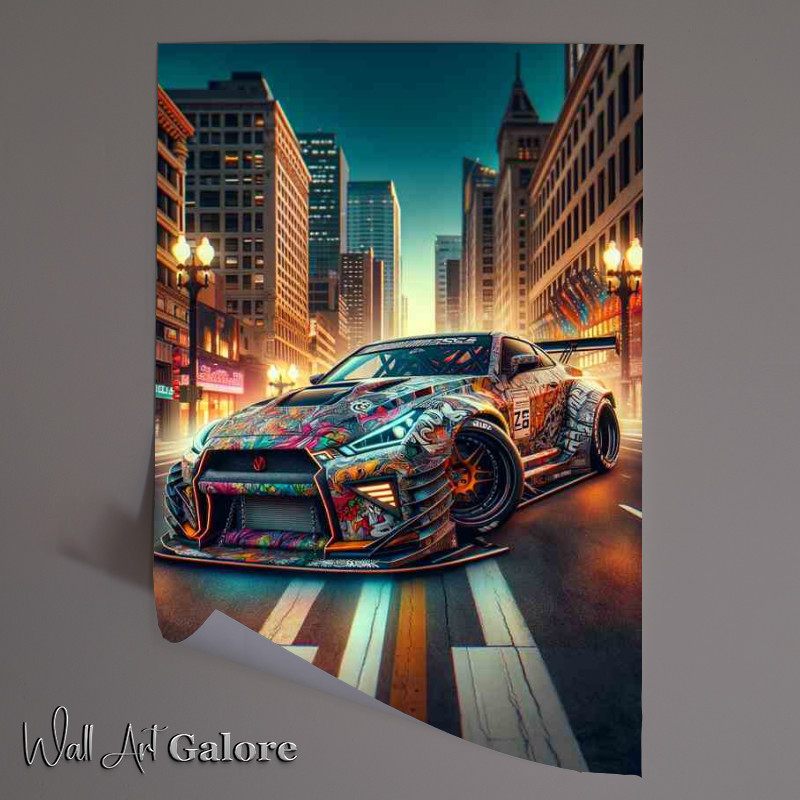 Buy Unframed Poster : (Street Racing Car with Elaborate Graphics In City Centre)