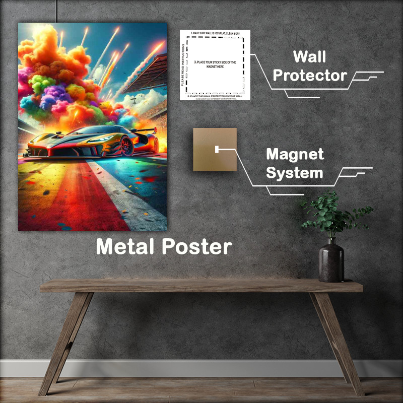 Buy Metal Poster : (Supercar Battle with Colorful bursts of Explosions)
