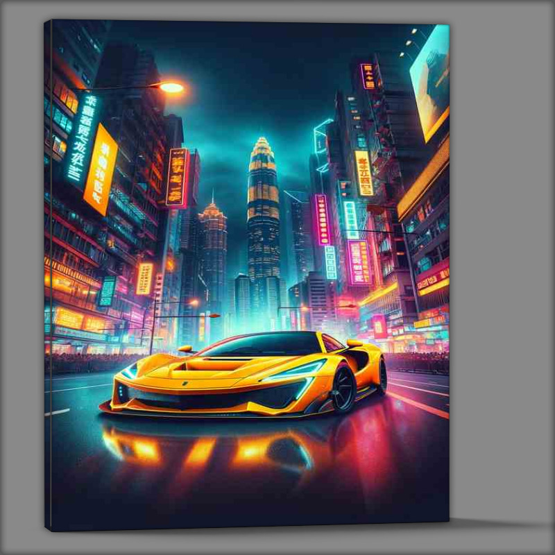 Buy Canvas : (Vibrant Yellow Supercar in Metropolitan Night Scene)