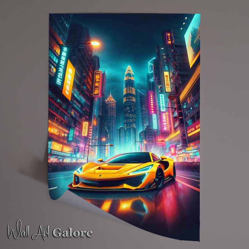 Buy Unframed Poster : (Vibrant Yellow Supercar in Metropolitan Night Scene)
