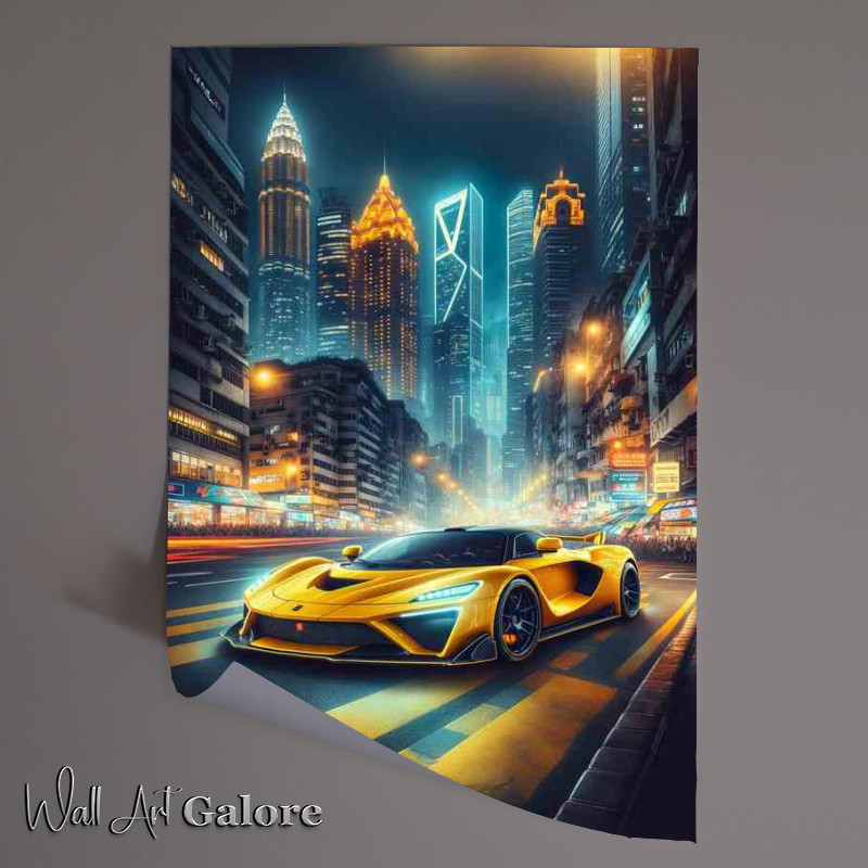 Buy Unframed Poster : (Yellow Supercar in Metropolitan Night Scene)