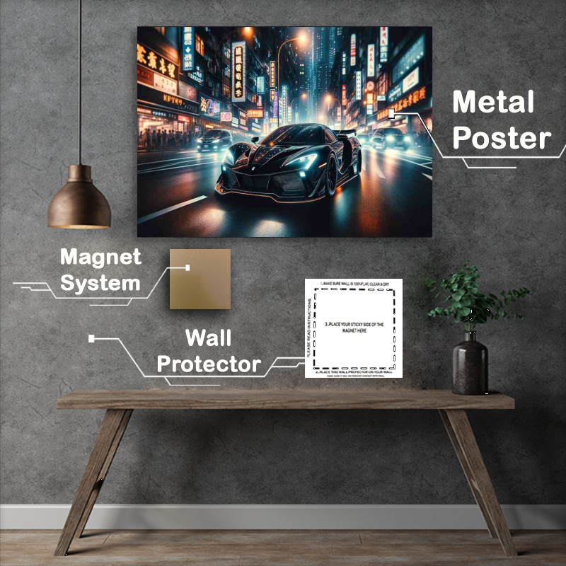 Buy : (Black Supercar Cruising through Night City Metal Poster)