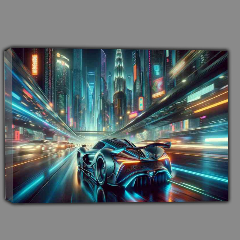 Buy Canvas : (Futuristic Supercar Speeding through Neon Cityscape)