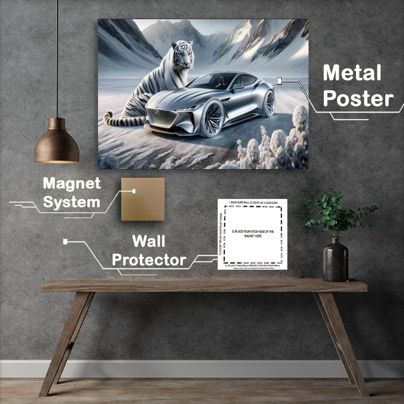 Buy Metal Poster : (Majestic White Tiger Essence Sleek Silver Car)