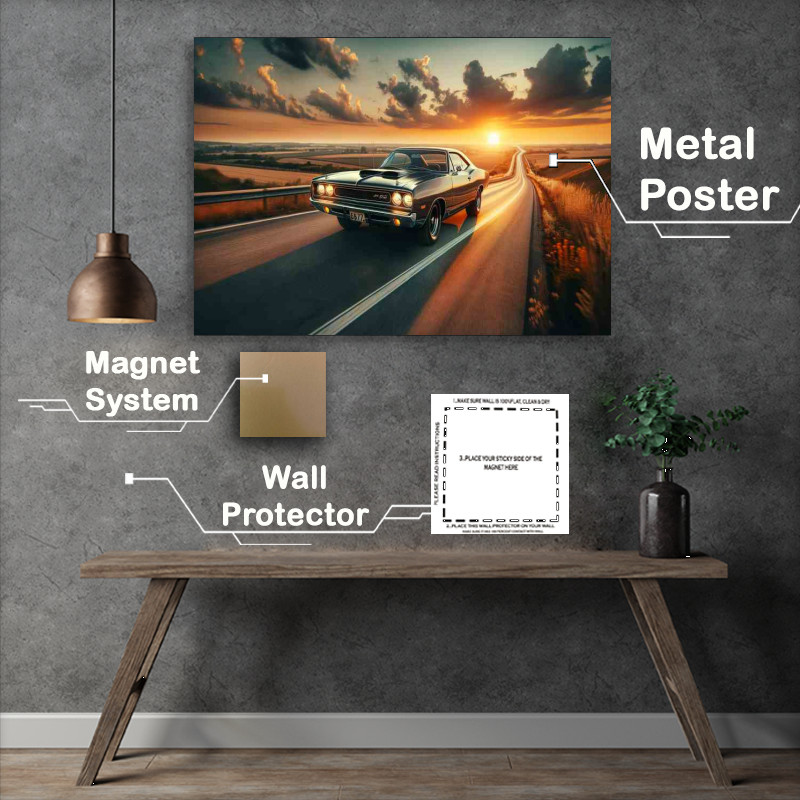 Buy Metal Poster : (Muscle Car Cruising on Highway at Sunset)