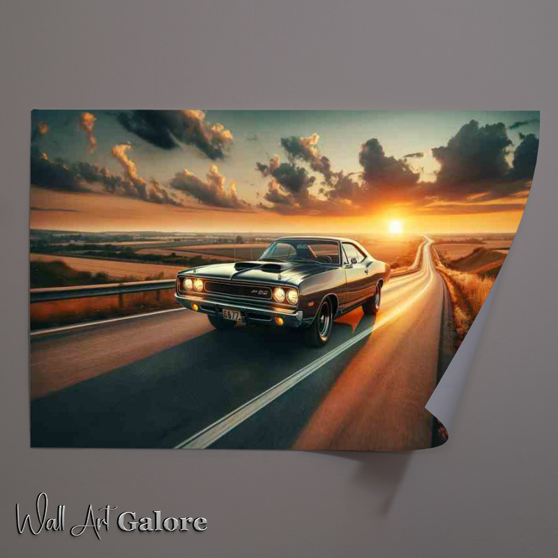 Buy Unframed Poster : (Muscle Car Cruising on Highway at Sunset)