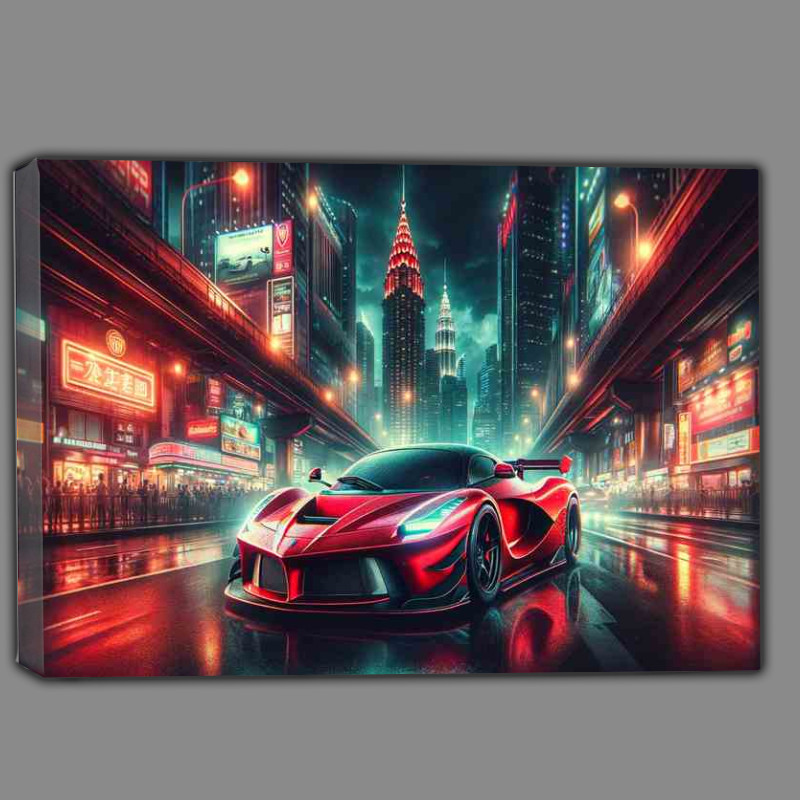 Buy Canvas : (Red Supercar Gliding through Night Cityscape)