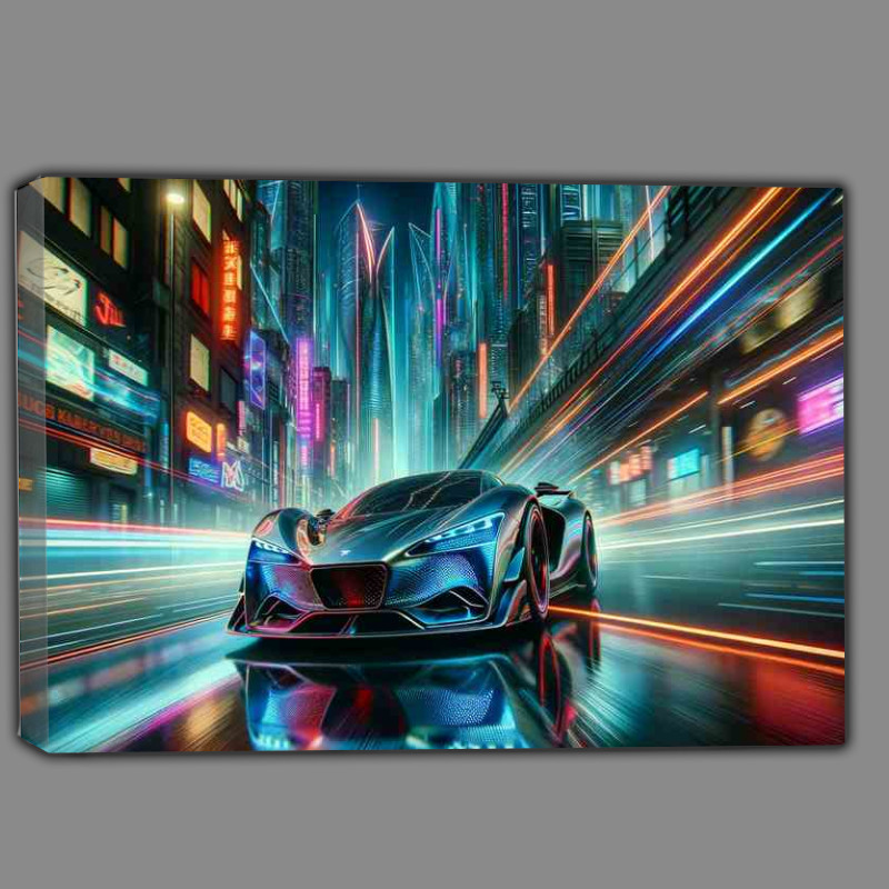 Buy Canvas : (Supercar Speeding through Neon Cityscape)