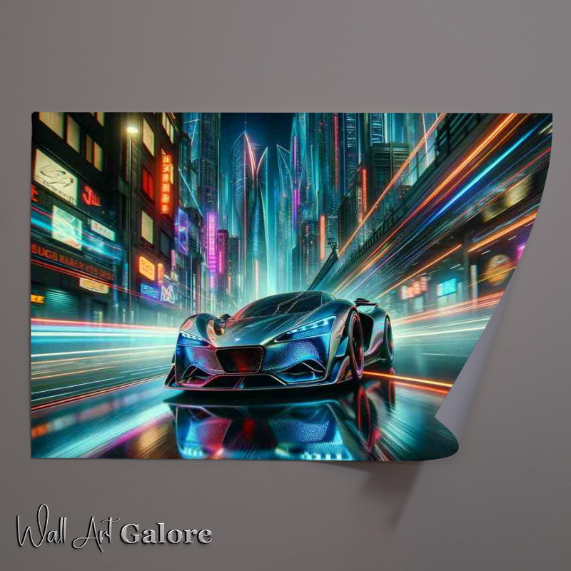 Buy Unframed Poster : (Supercar Speeding through Neon Cityscape)