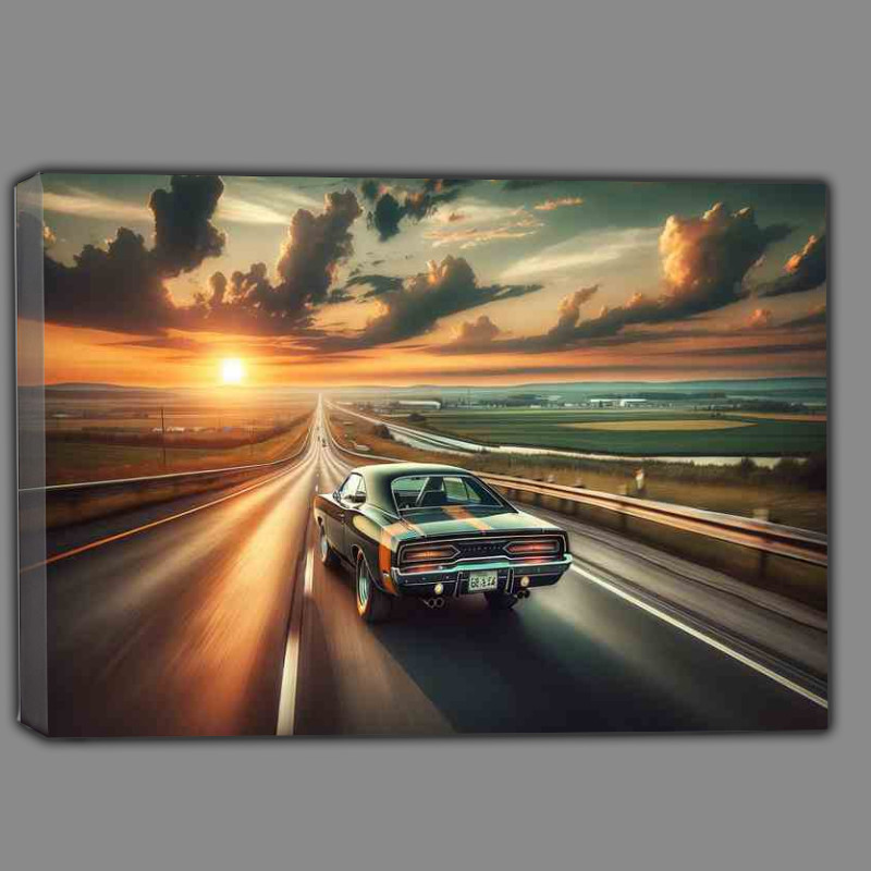 Buy Canvas : (Vintage Muscle Car Cruising on Highway at Sunset)