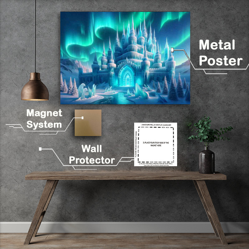 Buy Metal Poster : (Frozen Citadel majestically under the aurora borealis)