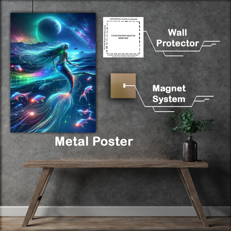 Buy Metal Poster : (A cybernetic mermaid navigating through a digital ocean)