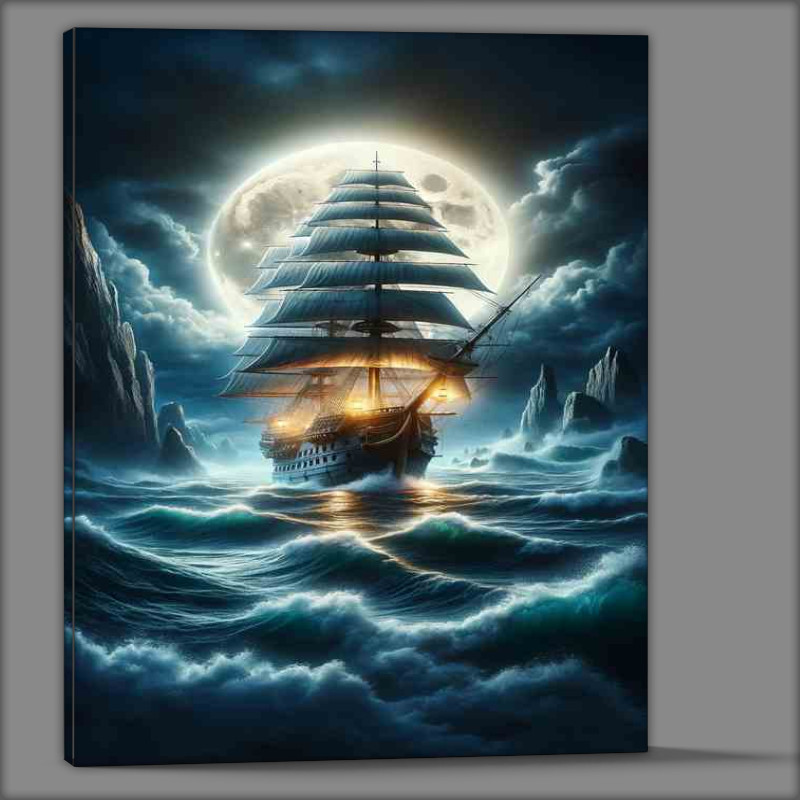 Buy Canvas : (Galleon Moonlit Voyage through Stormy Seas)