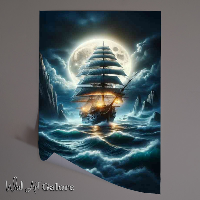Buy Unframed Poster : (Galleon Moonlit Voyage through Stormy Seas)