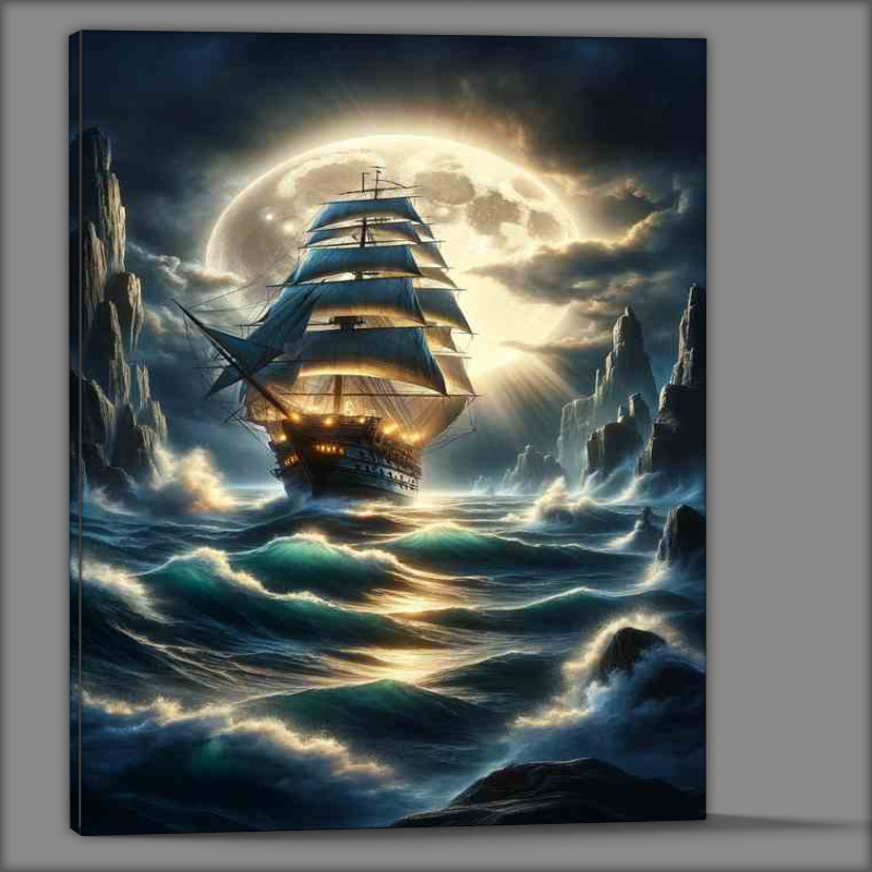 Buy Canvas : (Galleon Moonlit Voyage through Stormy Seas with a full moon)