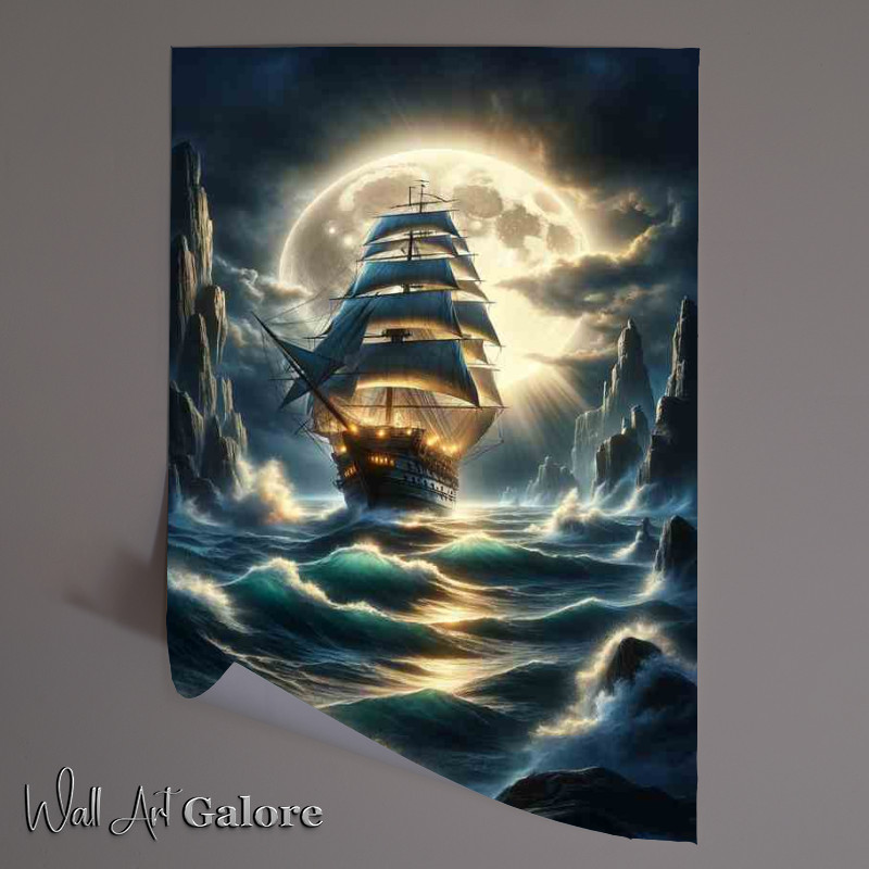 Buy Unframed Poster : (Galleon Moonlit Voyage through Stormy Seas with a full moon)