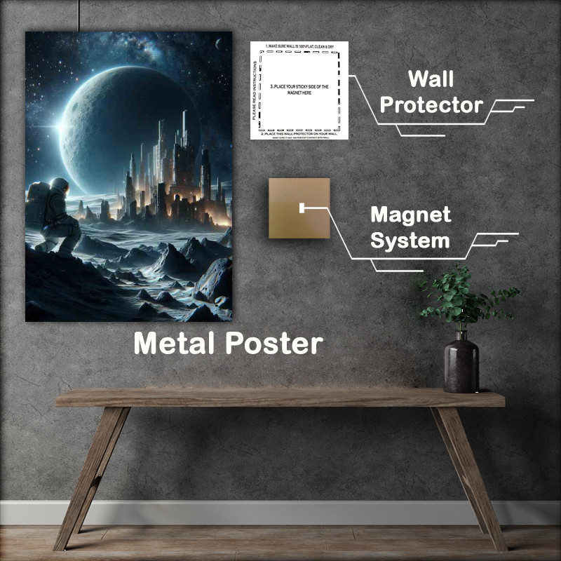 Buy Metal Poster : (Cinematic Astronaut Discovering Ancient Ruins on a Moon)