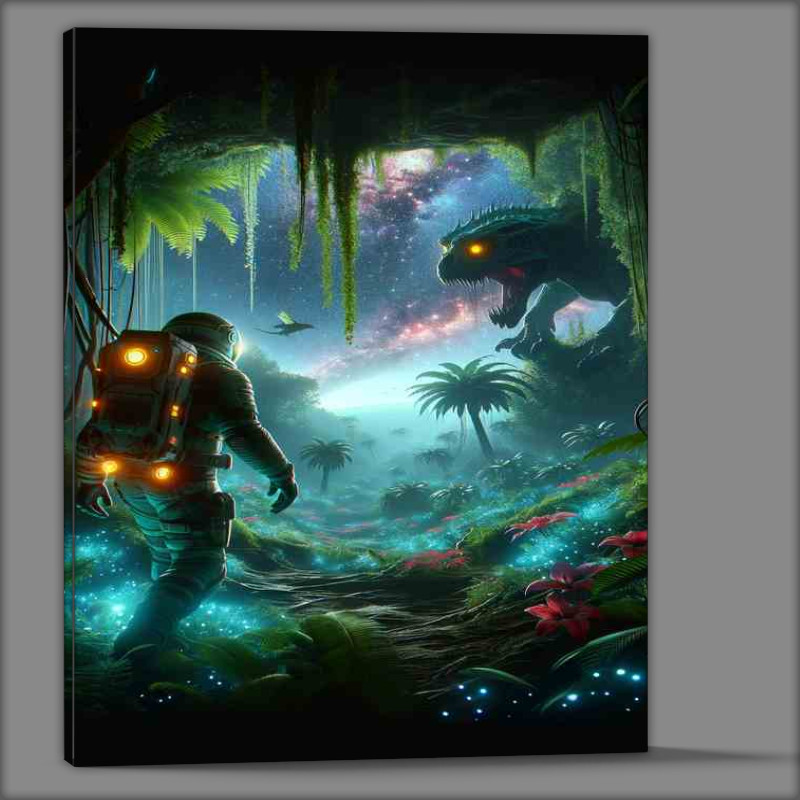 Buy Canvas : (Cinematic Scene of a Space Explorer in an Alien Jungle)