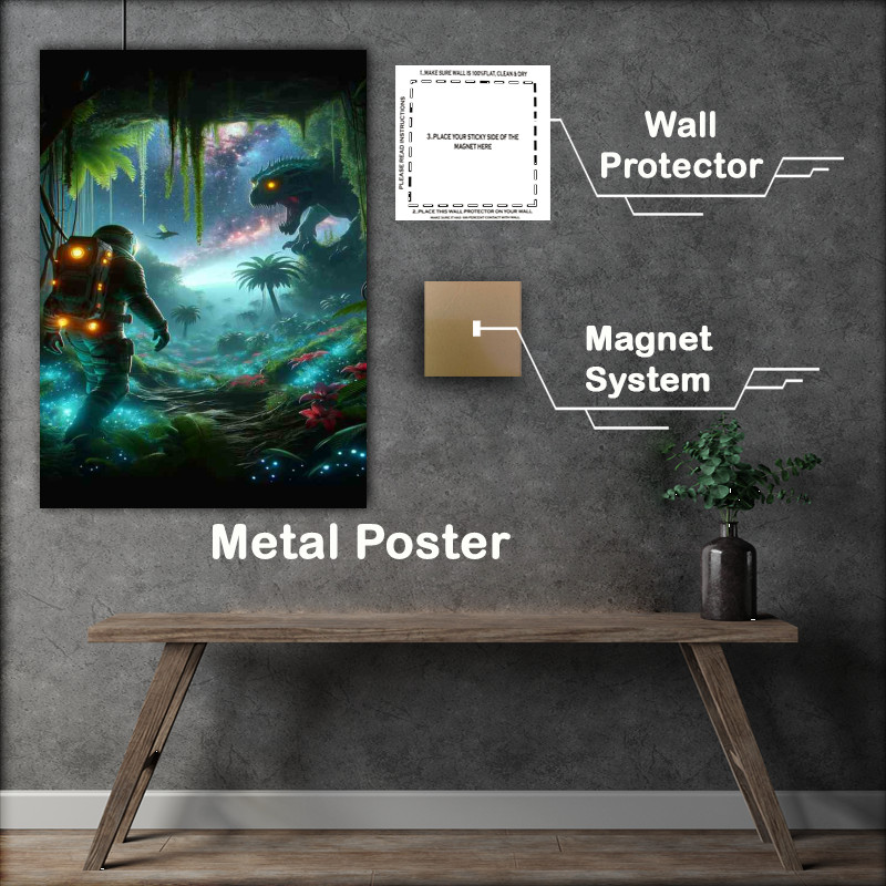 Buy Metal Poster : (Cinematic Scene of a Space Explorer in an Alien Jungle)