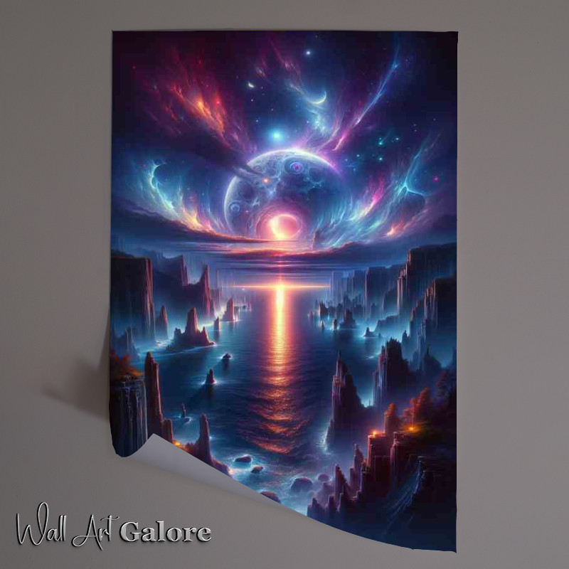 Buy Unframed Poster : (Mystical Twilight Cliffs Celestial Ocean And moons)