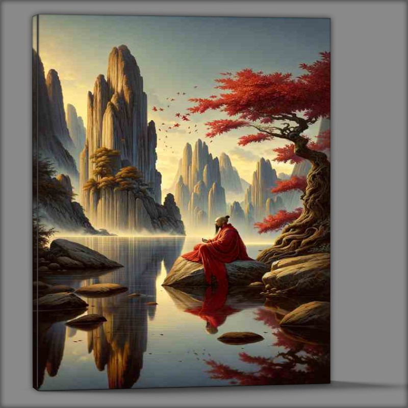 Buy Canvas : (Serene Monk Ancient Chinese Wisdom Art along the river)