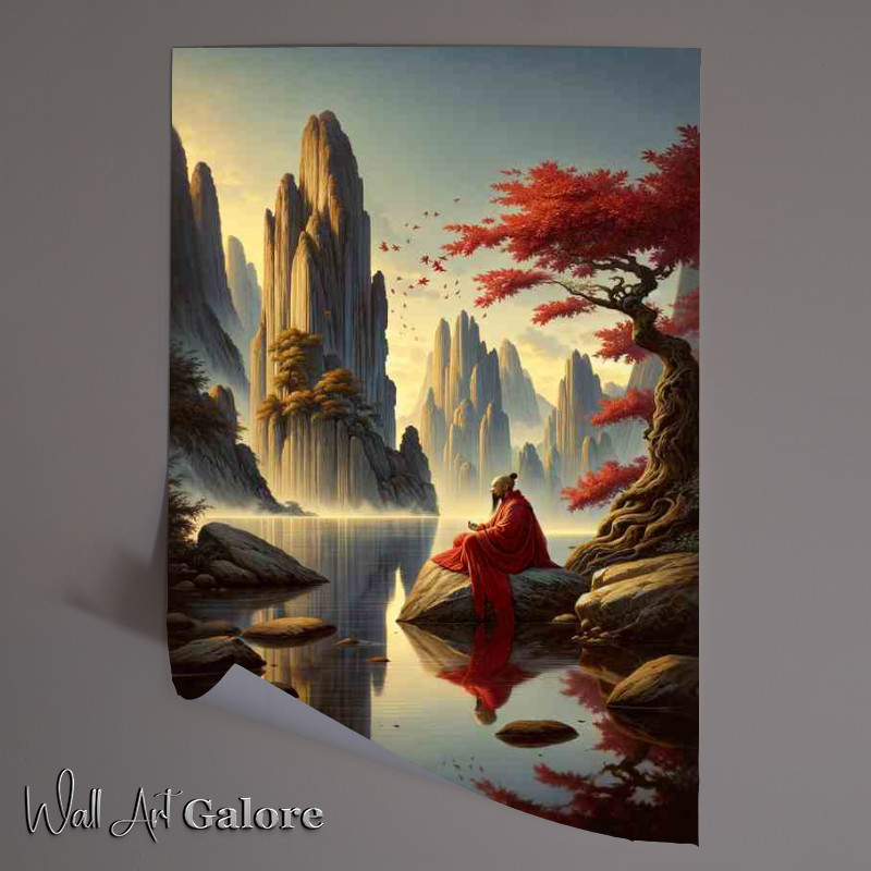 Buy Unframed Poster : (Serene Monk Ancient Chinese Wisdom Art along the river)