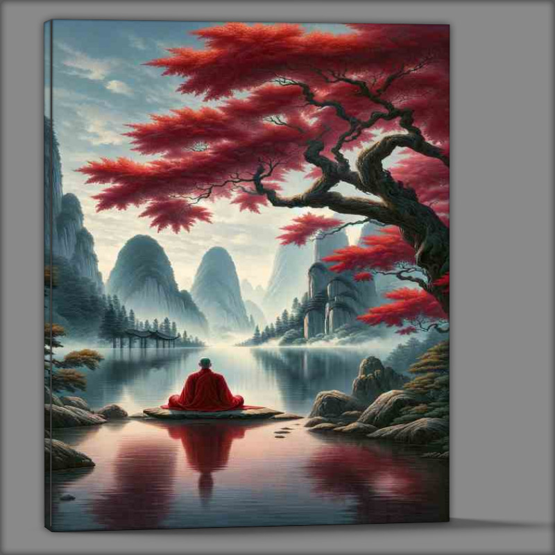 Buy Canvas : (Tranquil Zen Master Red Maple Harmony Art with trees and lake)