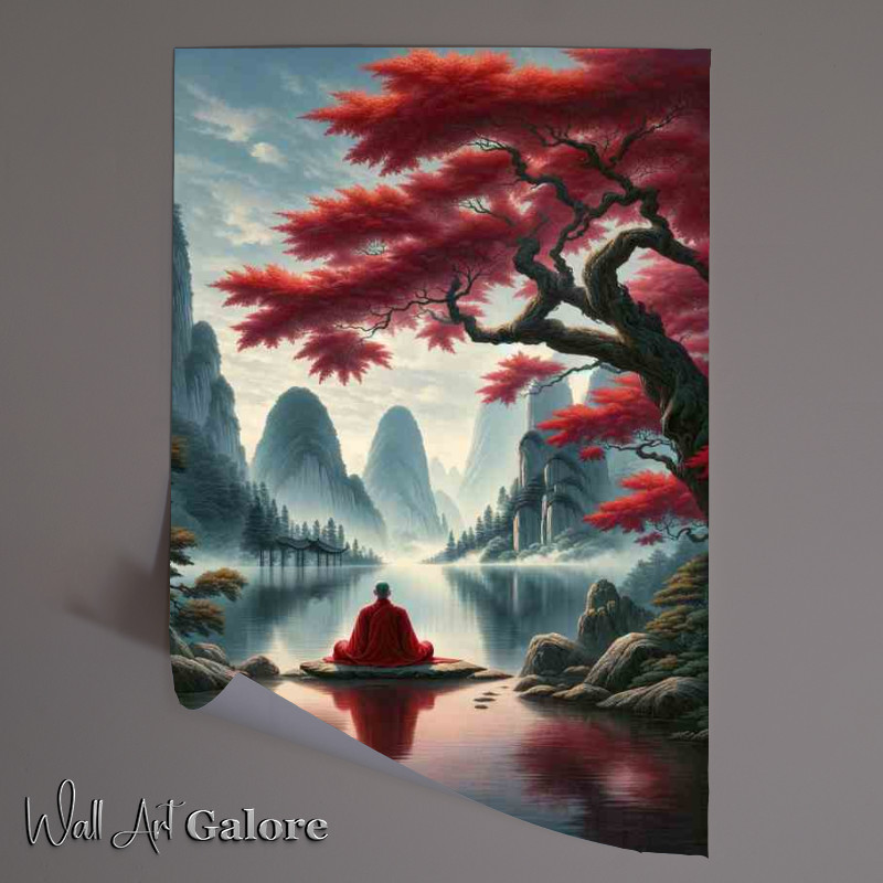Buy Unframed Poster : (Tranquil Zen Master Red Maple Harmony Art with trees and lake)
