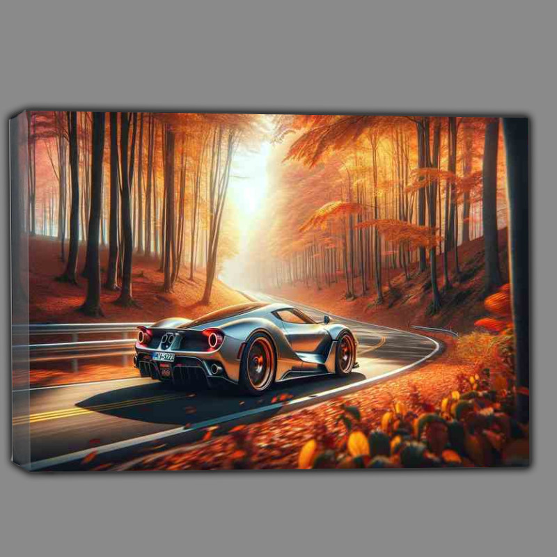Buy Canvas : (Elegant Sports Car Racing through Autumn Forest)