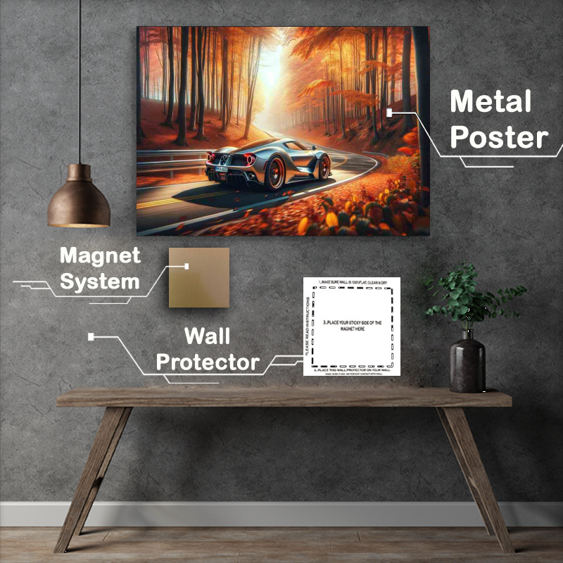 Buy Metal Poster : (Elegant Sports Car Racing through Autumn Forest)