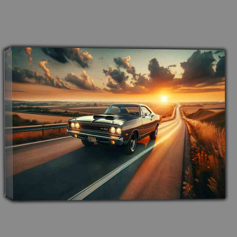 Buy Canvas : (Muscle Car Cruising on Highway at Sunset)