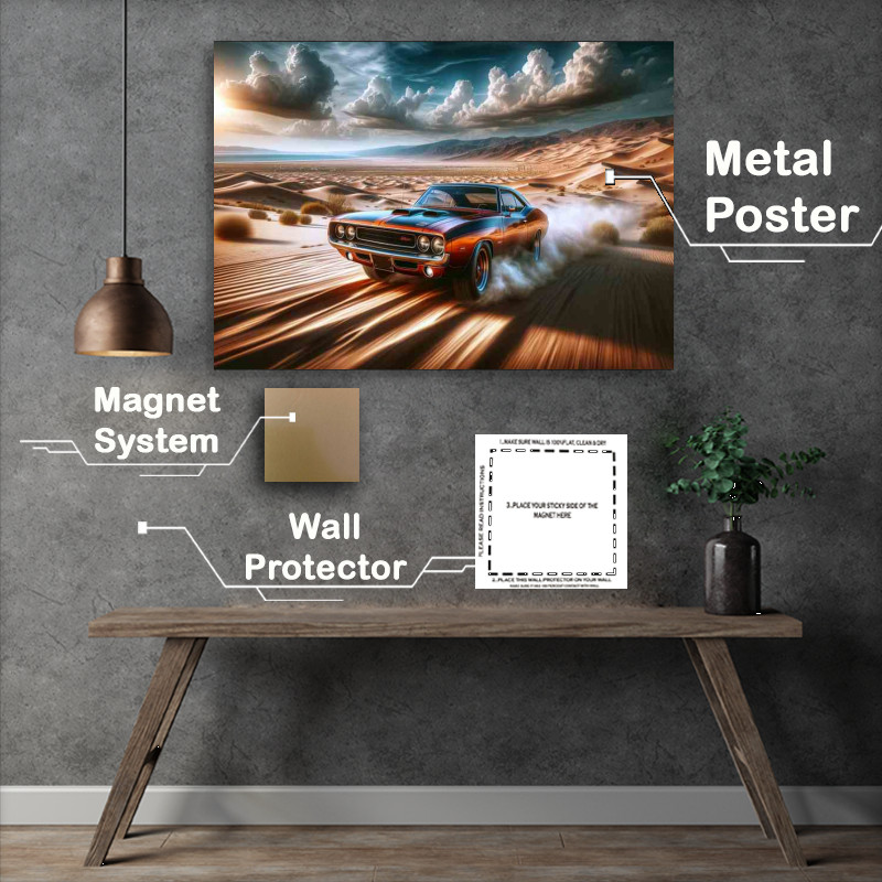 Buy Metal Poster : (Muscle Car Roaring through Desert Landscape)