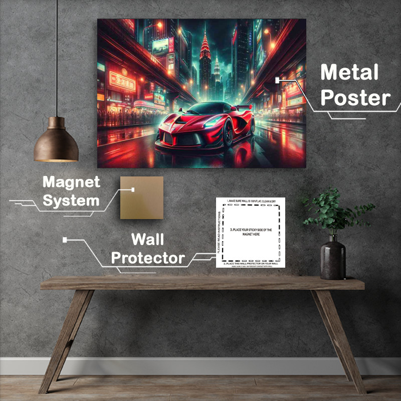 Buy Metal Poster : (Red Supercar Gliding through Night Cityscape)