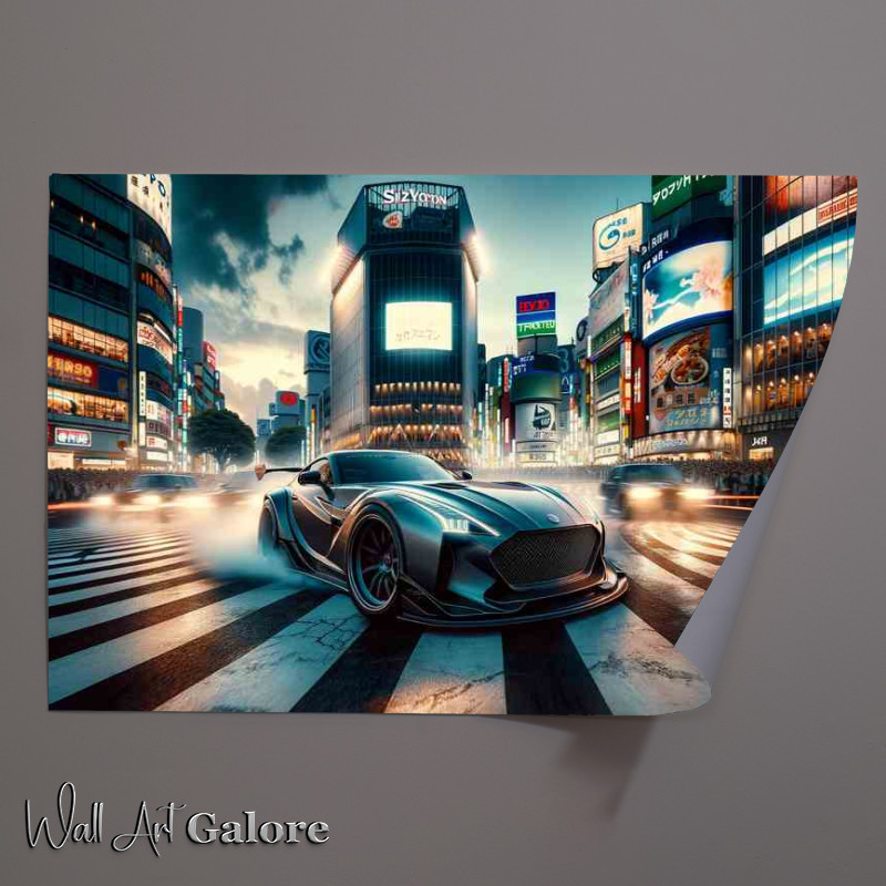 Buy Unframed Poster : (Sophisticated Sports Car Drifting in Tokyos Shibuya Crossing)