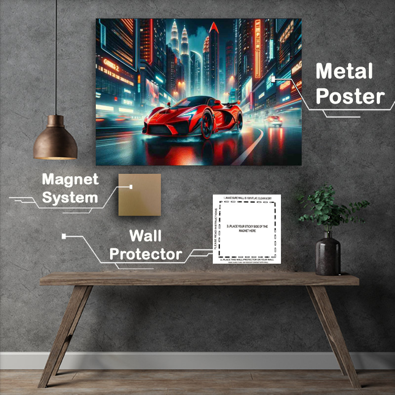 Buy Metal Poster : (Supercar Gliding through Night Cityscape)