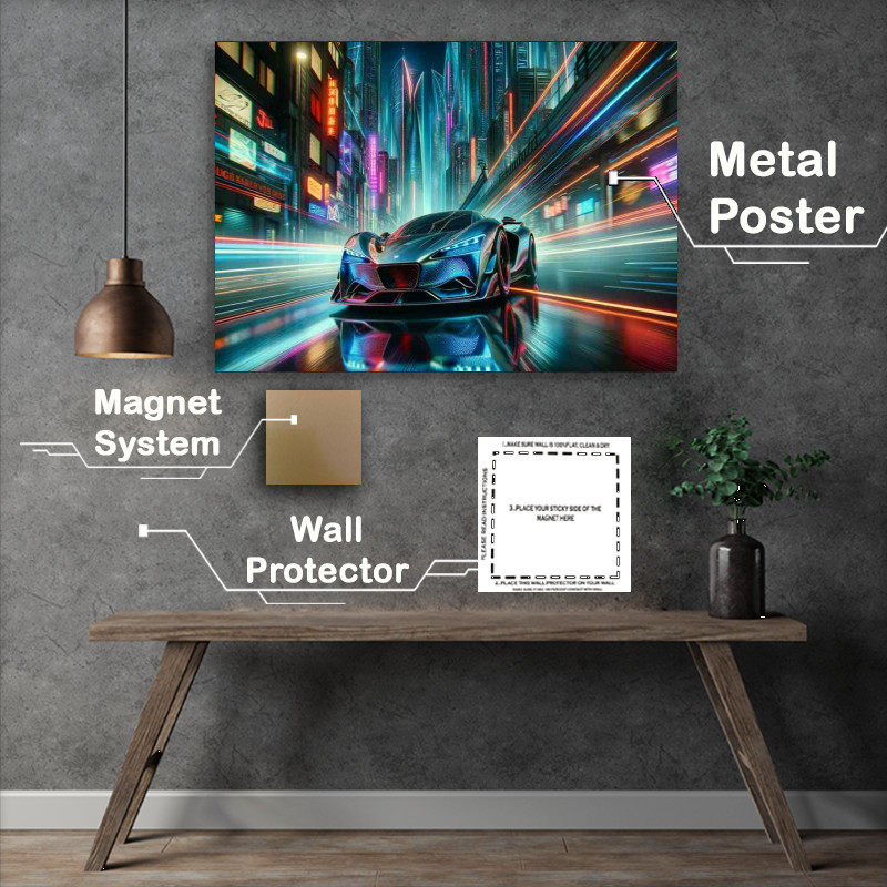 Buy Metal Poster : (Supercar Speeding through Neon Cityscape)