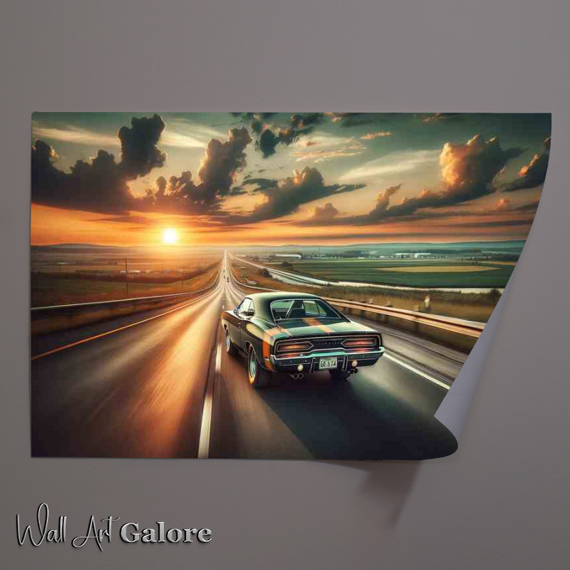 Buy Unframed Poster : (Vintage Muscle Car Cruising on Highway at Sunset)