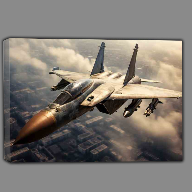 Buy Canvas : (Fighter Jet Above the sky and buildings)