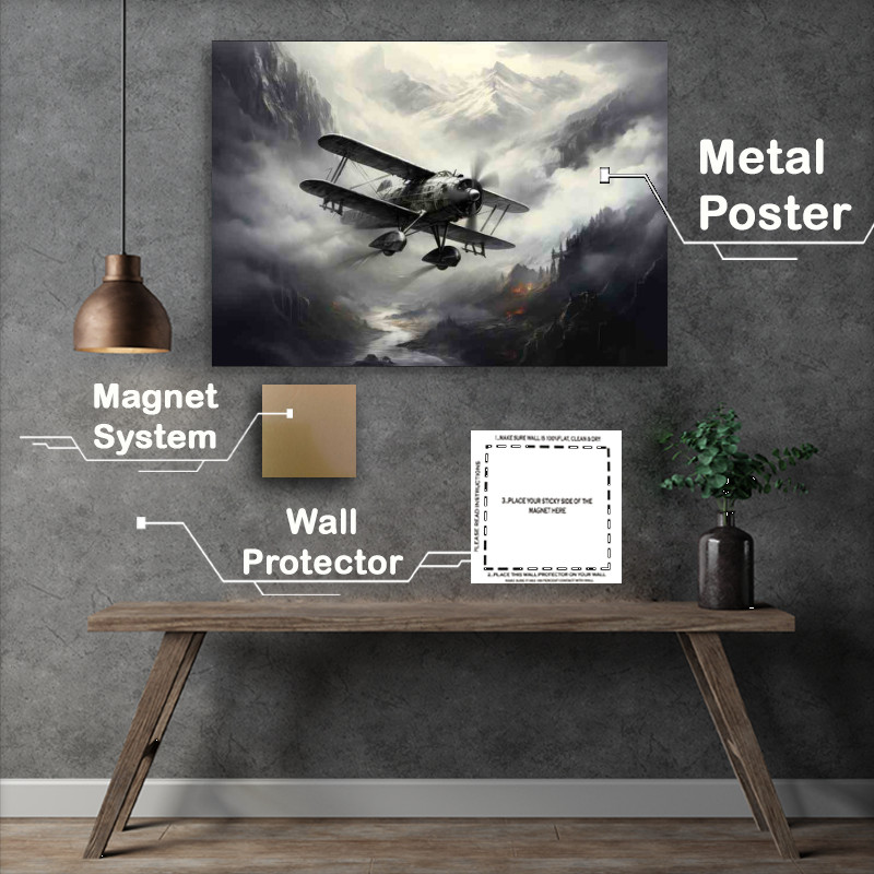 Buy Metal Poster : (Plane In The Mountains flying through the clouds)