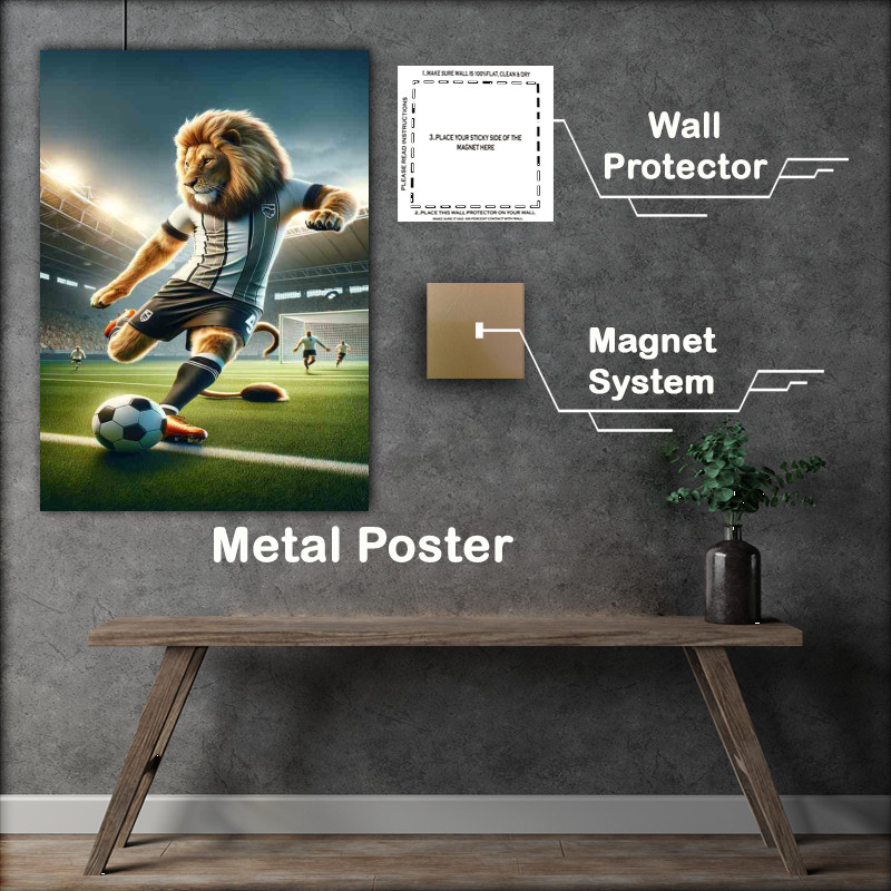 Buy Metal Poster : (Lion Playing Football in Soccer Outfit)