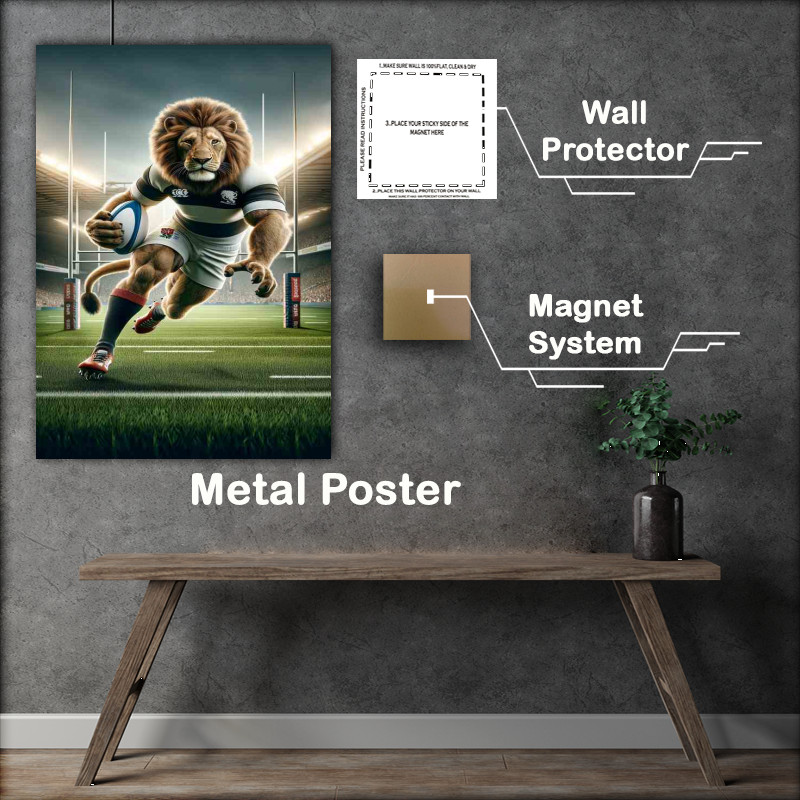 Buy Metal Poster : (Lion Playing Rugby in Rugby Outfit)