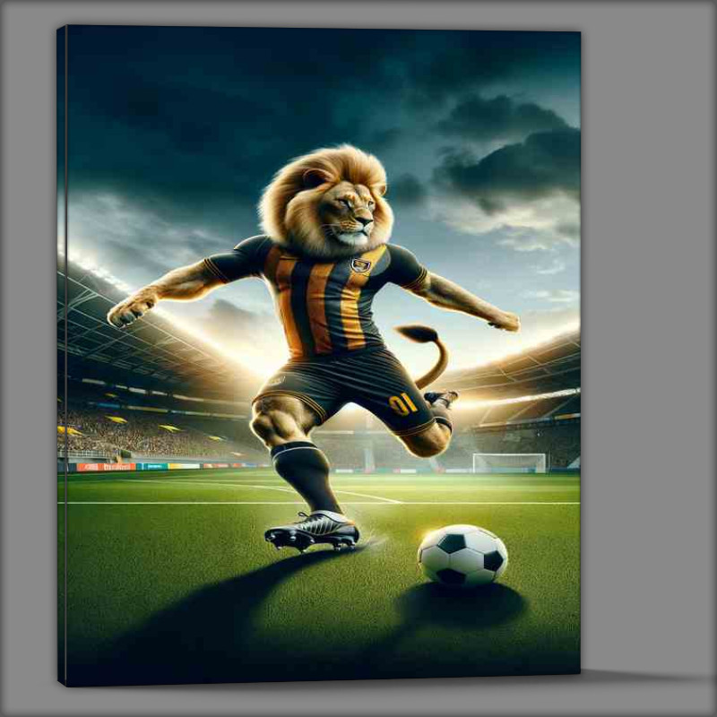 Buy Canvas : (Lion Playing Soccer in Soccer Outfit in the stadium)
