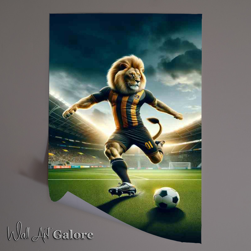 Buy Unframed Poster : (Lion Playing Soccer in Soccer Outfit in the stadium)