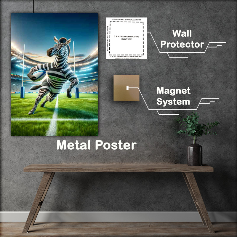 Buy Metal Poster : (Zebra Playing Rugby in Rugby Outfit)