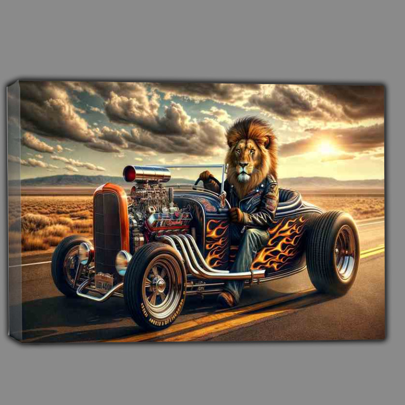 Buy Canvas : (Lion Driving an American Hot Rod)