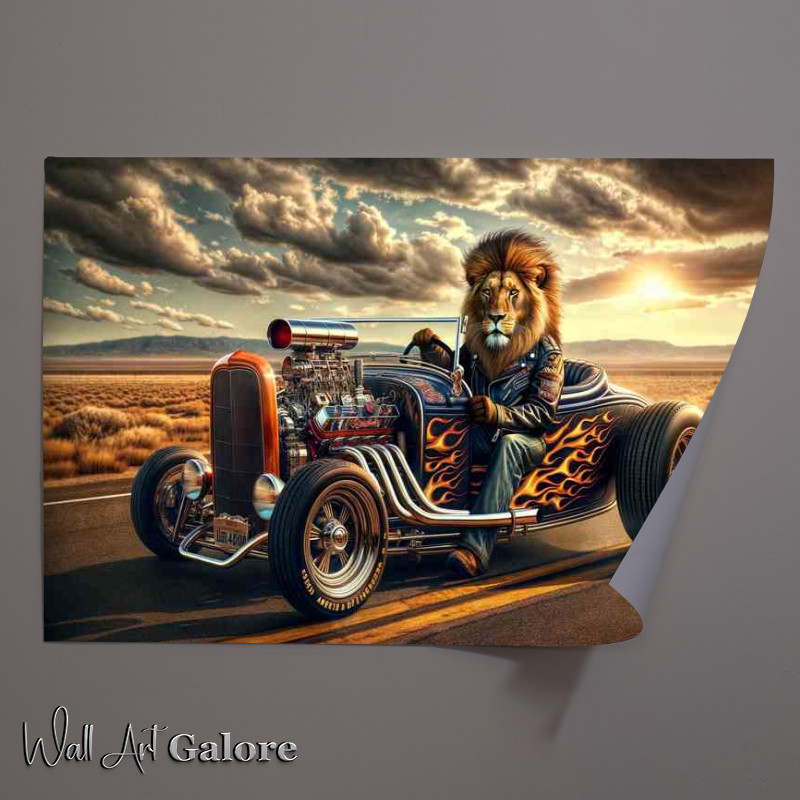 Buy Unframed Poster : (Lion Driving an American Hot Rod)