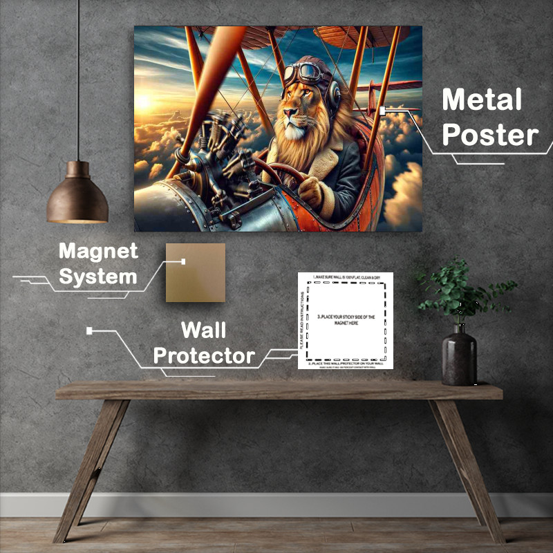 Buy Metal Poster : (Lion Piloting a Bi Plane with Spinning Propeller)