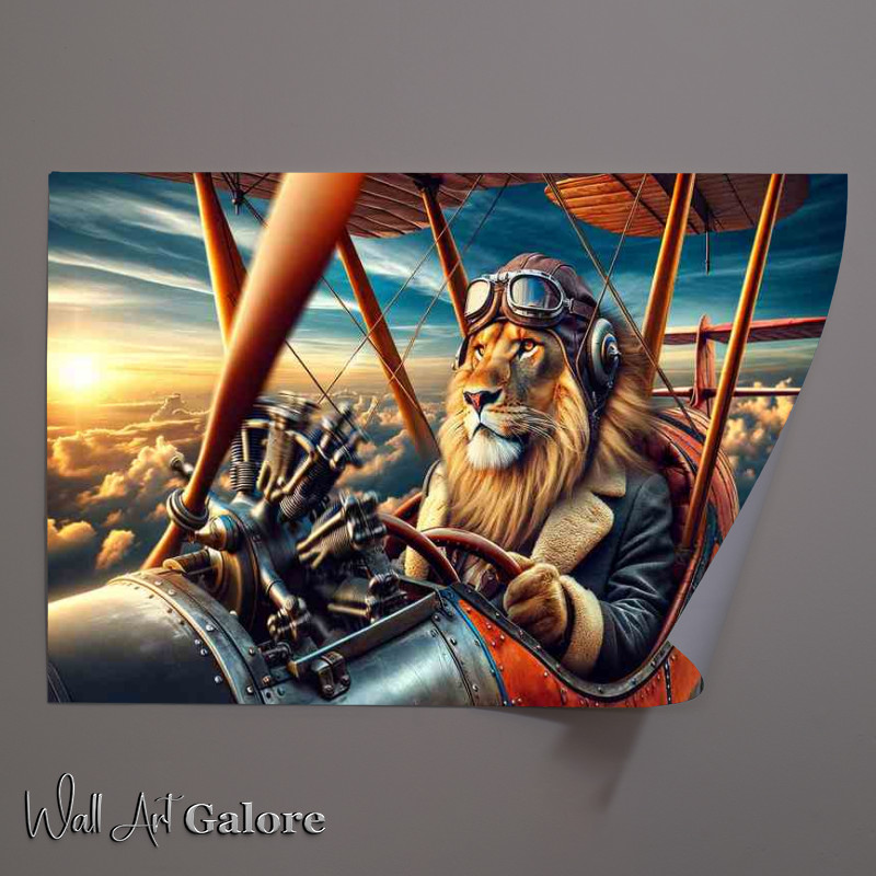 Buy Unframed Poster : (Lion Piloting a Bi Plane with Spinning Propeller)